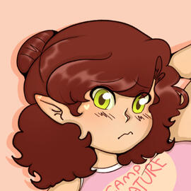 a pale olive skinned woman laying on her side looking at the viewer. She has warm brown curly hair and glowing green eyes